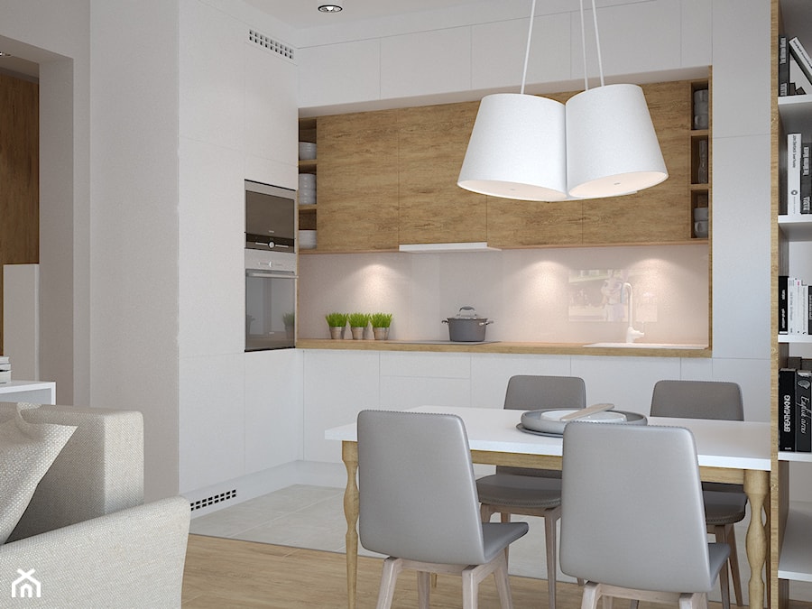 Projekt mieszkania w Poznaniu - Średnia biała jadalnia w salonie w kuchni, styl nowoczesny - zdjęcie od marina suchorska architektura wnętrz