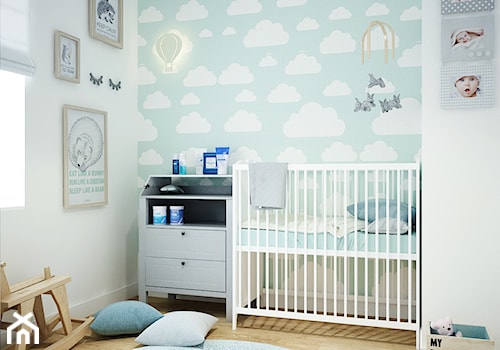 Projekt mieszkania w Poznaniu - Mały biały niebieski pokój dziecka dla niemowlaka dla chłopca dla dz ... - zdjęcie od marina suchorska architektura wnętrz