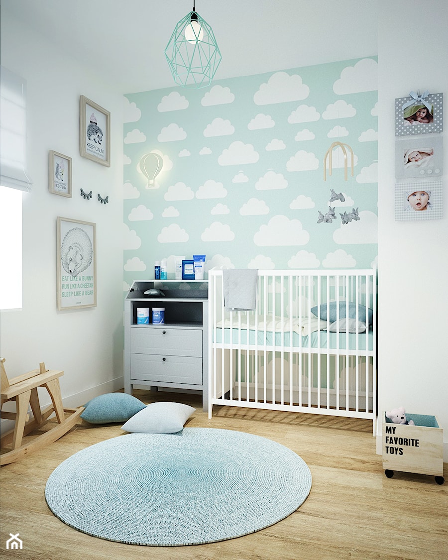 Projekt mieszkania w Poznaniu - Mały biały niebieski pokój dziecka dla niemowlaka dla chłopca dla dziewczynki, styl skandynawski - zdjęcie od marina suchorska architektura wnętrz