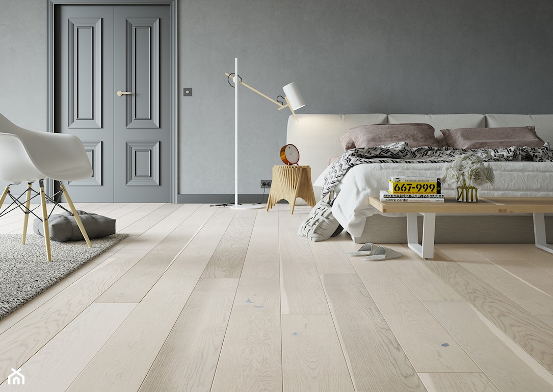 szara sypialnia w stylu skandynawskim, drewniana podłoga w sypialni