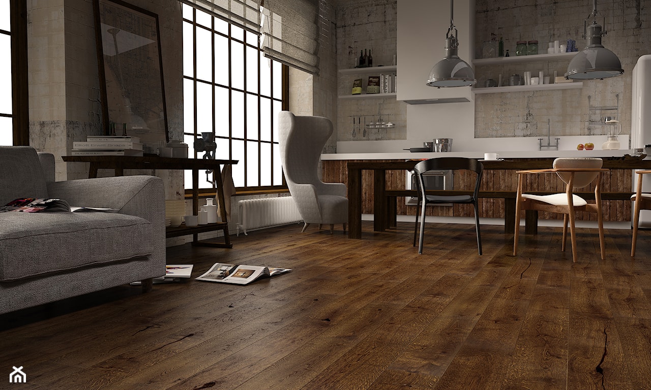 drewniana podłoga w kuchni połączonej z salonem