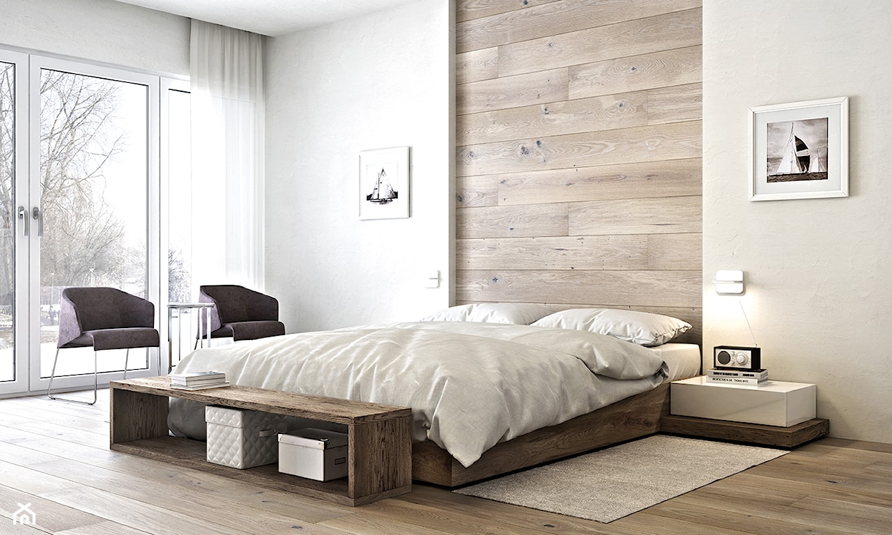 drewniane panele na ścianie w sypialni w stylu minimalistycznym, szary dywan, szare fotele z metalowymi nogami