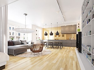 DESKA BARLINECKA - Średnia otwarta z salonem biała z zabudowaną lodówką kuchnia jednorzędowa z kompozytem na ścianie nad blatem kuchennym - zdjęcie od Barlinek