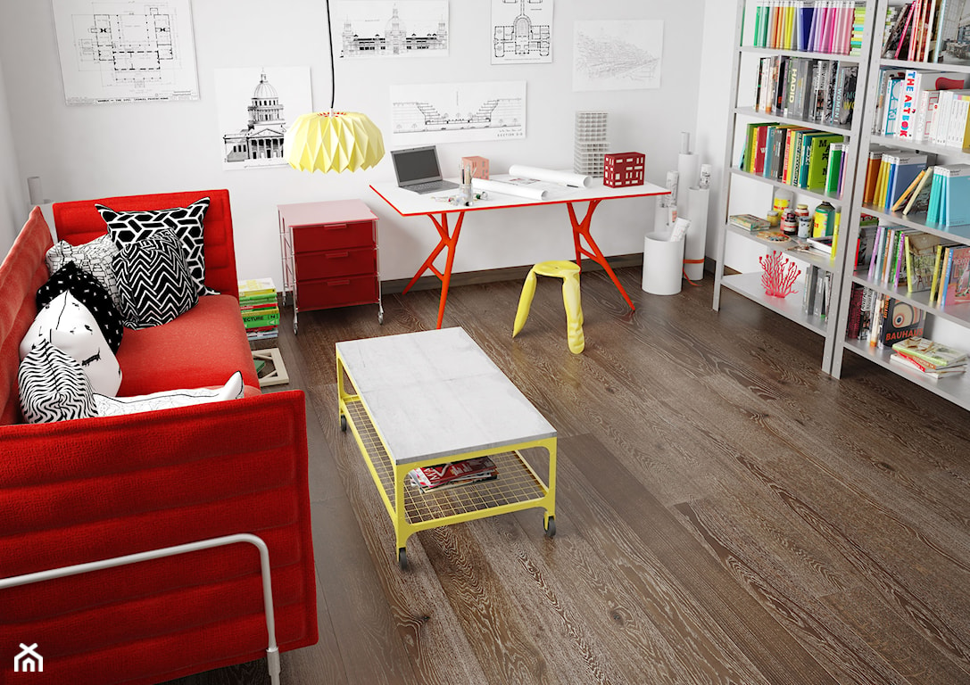 drewniana podłoga Barlinek, czerwona sofa, stolik z żółtymi nogami, szary regał