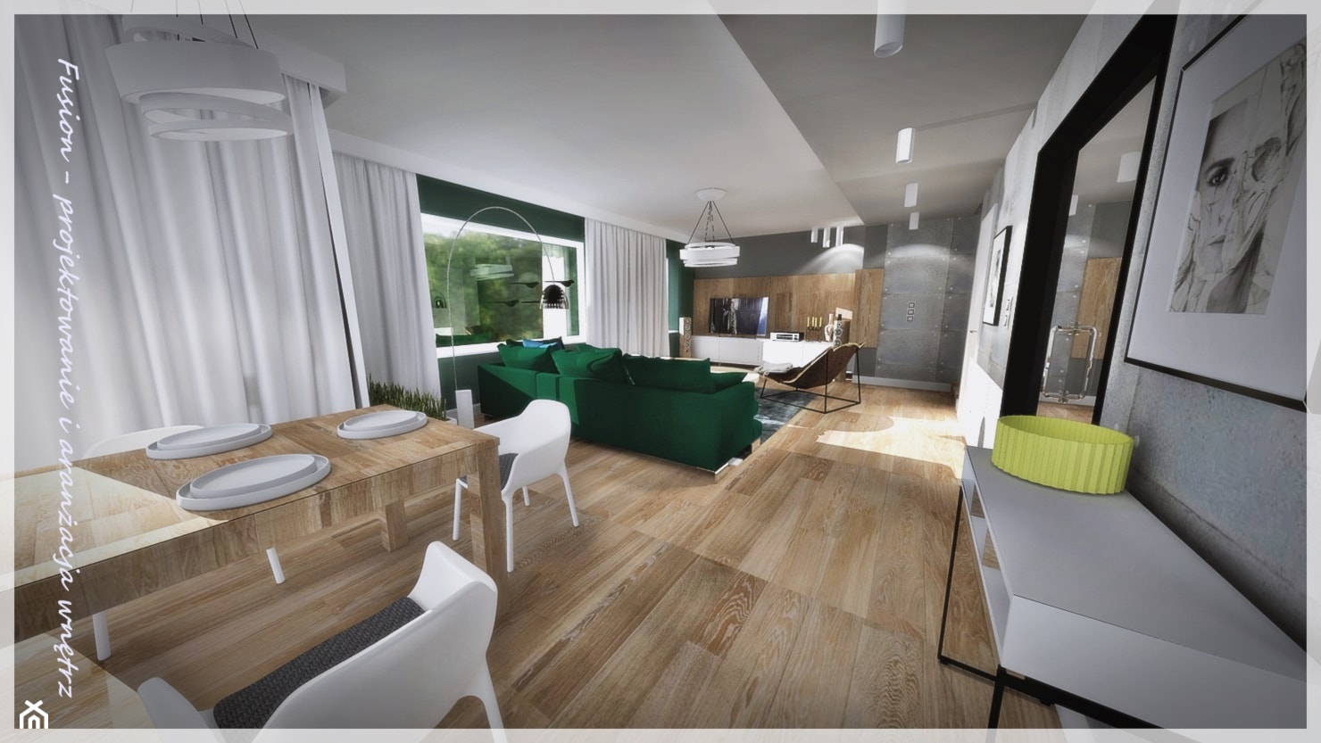 Salon z zieloną kanapą... - Duży szary salon z jadalnią, styl nowoczesny - zdjęcie od Fusion- projektowanie i aranżacja wnętrz - Homebook
