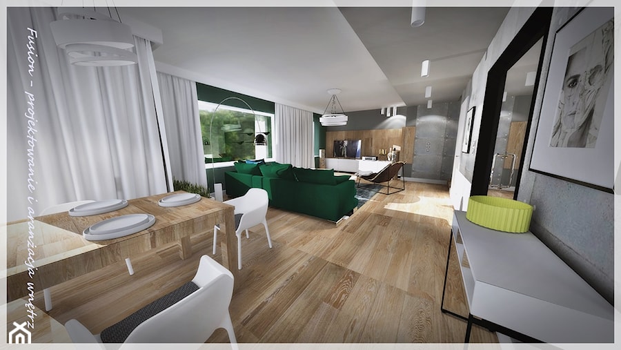 Salon z zieloną kanapą... - Duży szary salon z jadalnią, styl nowoczesny - zdjęcie od Fusion- projektowanie i aranżacja wnętrz