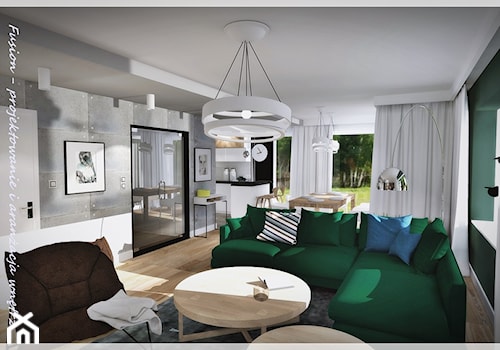Salon z zieloną kanapą... - Duży biały szary salon z kuchnią z jadalnią - zdjęcie od Fusion- projektowanie i aranżacja wnętrz