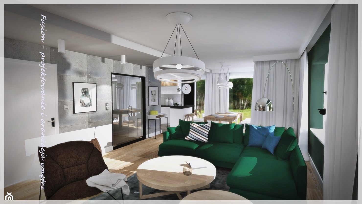 Salon z zieloną kanapą... - Duży biały szary salon z kuchnią z jadalnią - zdjęcie od Fusion- projektowanie i aranżacja wnętrz - Homebook
