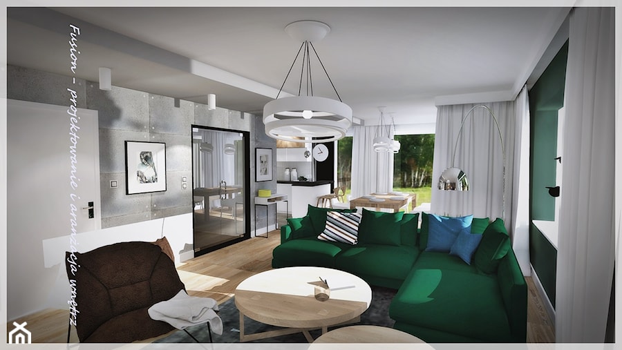 Salon z zieloną kanapą... - Duży biały szary salon z kuchnią z jadalnią - zdjęcie od Fusion- projektowanie i aranżacja wnętrz
