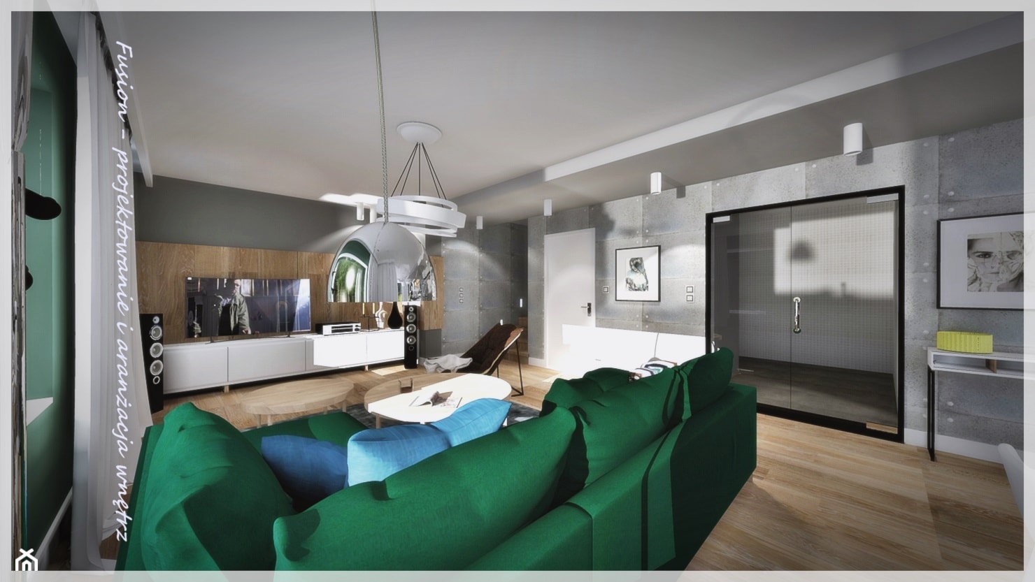 Salon z zieloną kanapą... - Duży szary salon - zdjęcie od Fusion- projektowanie i aranżacja wnętrz - Homebook