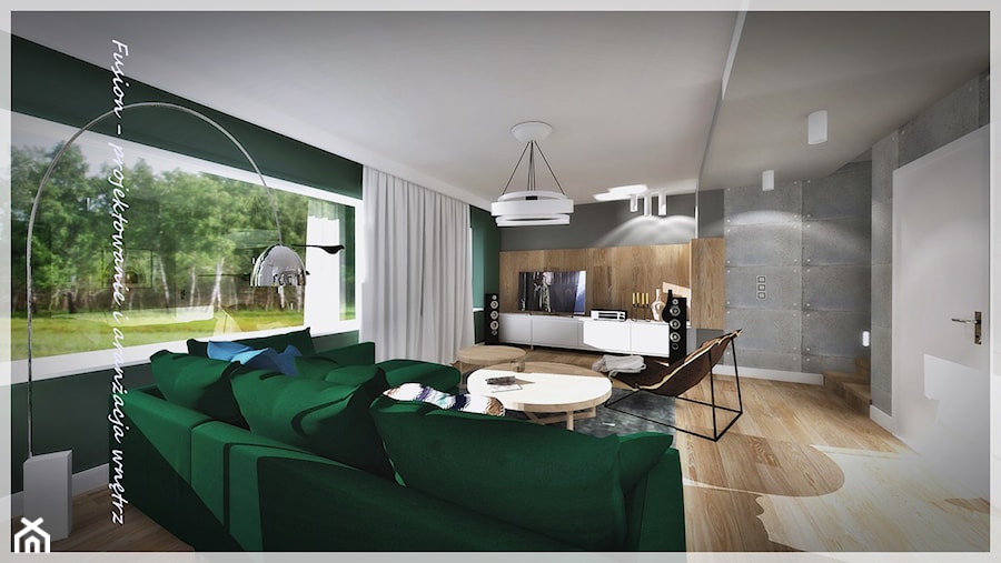 Salon z zieloną kanapą... - Średni czarny salon - zdjęcie od Fusion- projektowanie i aranżacja wnętrz