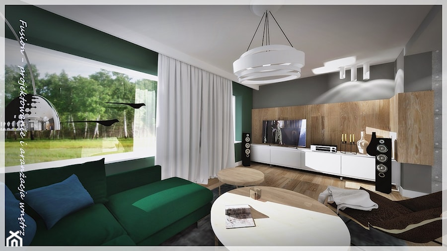 Salon z zieloną kanapą... - Średni szary zielony salon - zdjęcie od Fusion- projektowanie i aranżacja wnętrz