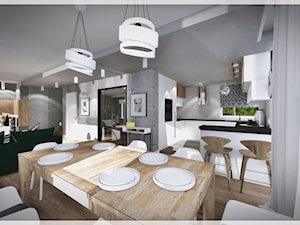 Salon z zieloną kanapą... - Duża szara jadalnia w salonie, styl nowoczesny - zdjęcie od Fusion- projektowanie i aranżacja wnętrz