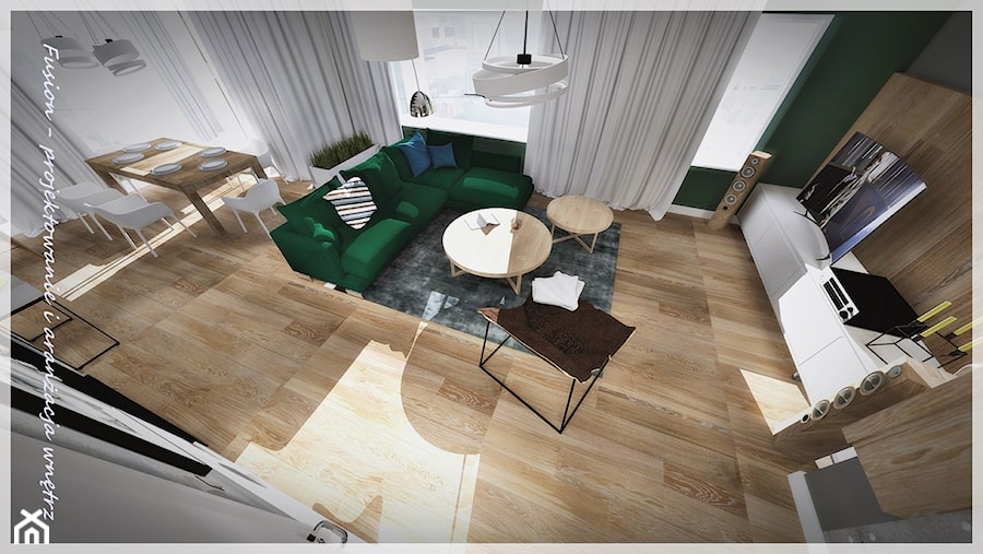 Salon z zieloną kanapą... - Duży biały czarny salon z jadalnią, styl nowoczesny - zdjęcie od Fusion- projektowanie i aranżacja wnętrz