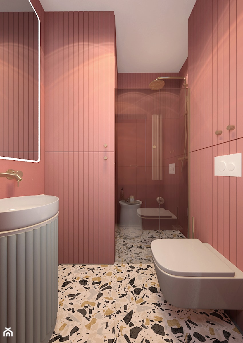 Projekt w Świnoujściu - Mała bez okna z lustrem z marmurową podłogą łazienka, styl nowoczesny - zdjęcie od COI Pracownia Architektury Wnętrz