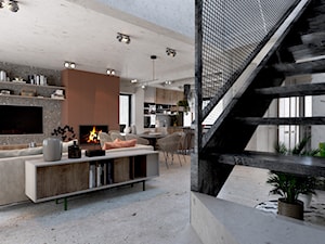 Dom we Wrocławiu - Średni pomarańczowy szary salon z kuchnią z jadalnią, styl industrialny - zdjęcie od COI Pracownia Architektury Wnętrz