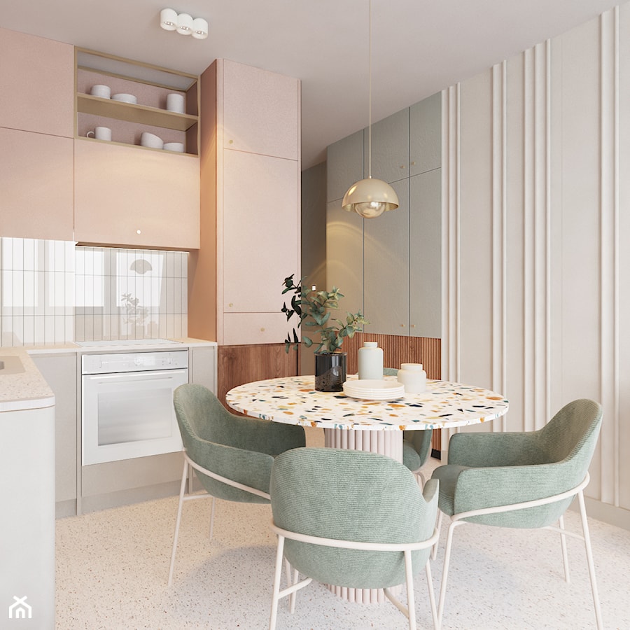 Projekt w Świnoujściu - Średnia otwarta z salonem z kamiennym blatem biała z zabudowaną lodówką z nablatowym zlewozmywakiem kuchnia w kształcie litery l dwurzędowa, styl nowoczesny - zdjęcie od COI Pracownia Architektury Wnętrz