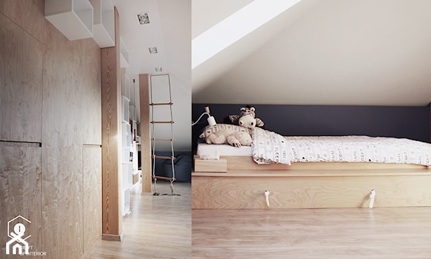 drewniana podłoga, pokój dziecka na poddaszu, drewniana rama łóżka