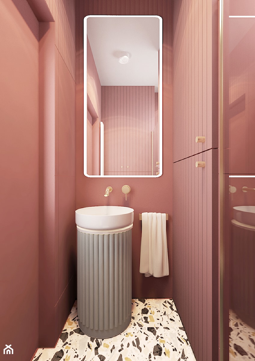 Projekt w Świnoujściu - Mała bez okna z lustrem z marmurową podłogą z punktowym oświetleniem łazienka, styl nowoczesny - zdjęcie od COI Pracownia Architektury Wnętrz