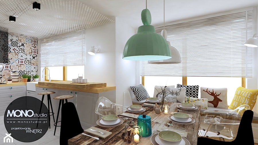 Średnia szara jadalnia w kuchni, styl skandynawski - zdjęcie od Monostudio Wnętrza