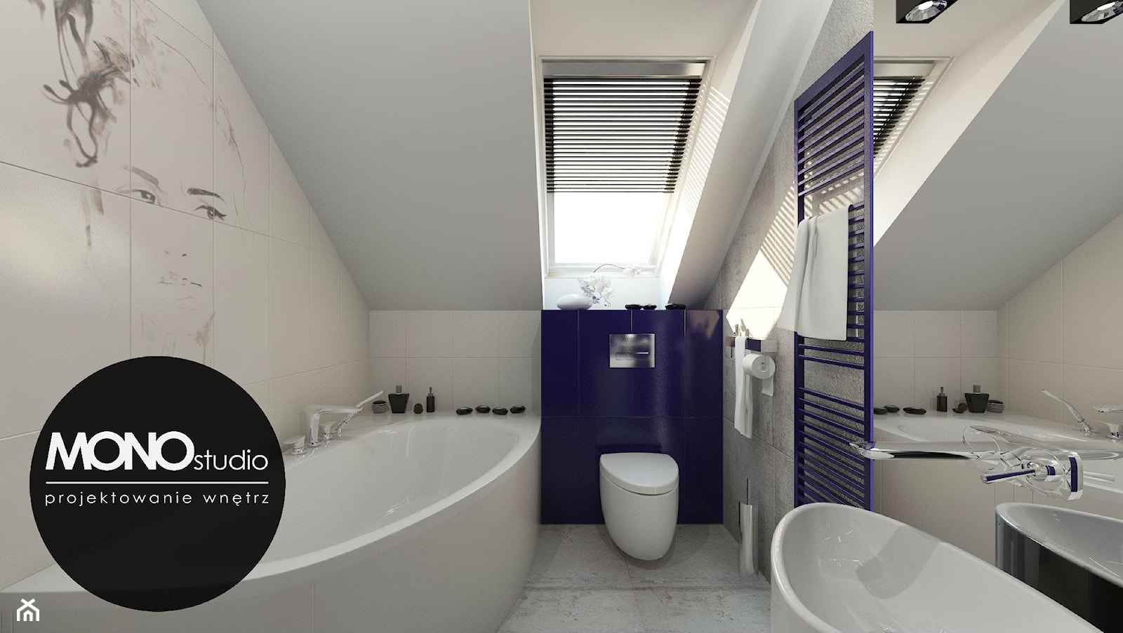 Kontrastowa kolorystyka w nowoczesnym zestawieniu bieli z niebieskim w łazience na poddaszu - zdjęcie od Monostudio Wnętrza - Homebook