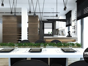 Kontrastowa kolorystyka z grą faktur i materiałów - Średnia biała jadalnia w kuchni, styl nowoczesny - zdjęcie od Monostudio Wnętrza