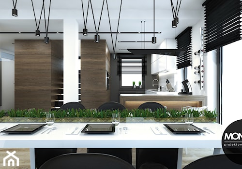 Kontrastowa kolorystyka z grą faktur i materiałów - Średnia biała jadalnia w kuchni, styl nowoczesny - zdjęcie od Monostudio Wnętrza