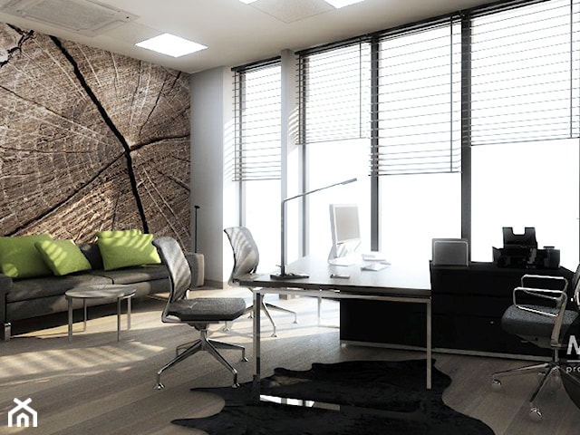 Eleganckie biuro, w którym umiejętnie łączą się elementy drewniane i betonowe