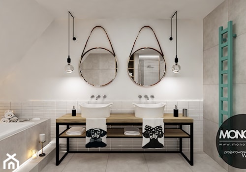 Duża bez okna jako pokój kąpielowy z dwoma umywalkami łazienka, styl skandynawski - zdjęcie od Monostudio Wnętrza