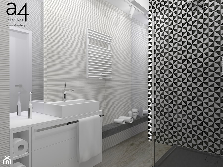 Projekt mieszkania na wynajem - Średnia bez okna z lustrem z punktowym oświetleniem łazienka, styl nowoczesny - zdjęcie od A4 Atelier projektowanie wnętrz