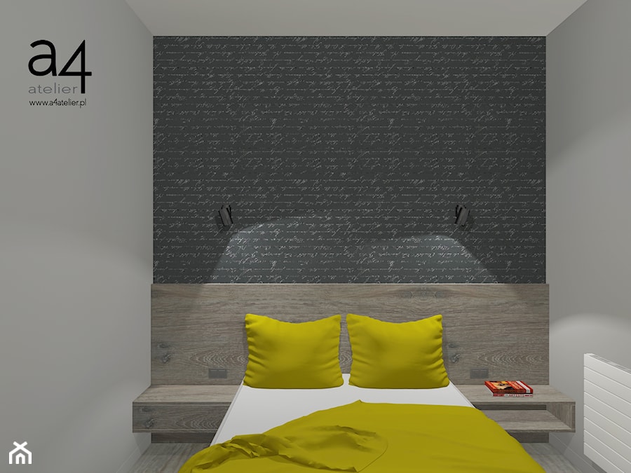Projekt mieszkania na wynajem - Mała czarna szara sypialnia, styl nowoczesny - zdjęcie od A4 Atelier projektowanie wnętrz