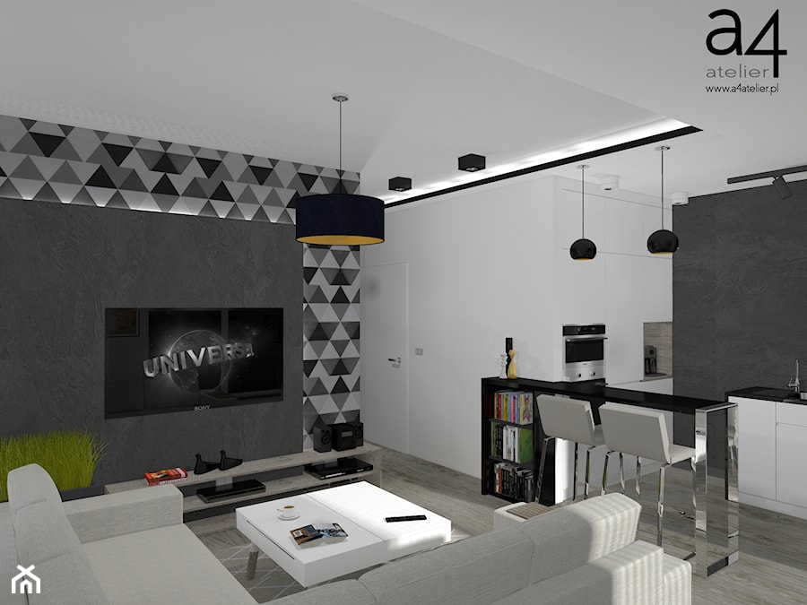 Projekt mieszkania na wynajem - Średni biały szary salon z kuchnią z jadalnią, styl nowoczesny - zdjęcie od A4 Atelier projektowanie wnętrz