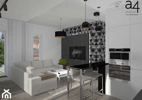 Projekt mieszkania na wynajem - Średni biały czarny salon z kuchnią z jadalnią, styl nowoczesny - zdjęcie od A4 Atelier projektowanie wnętrz