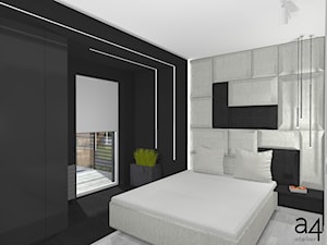 Mieszkanie dla singla - Średnia czarna szara sypialnia z balkonem / tarasem, styl nowoczesny - zdjęcie od A4 Atelier projektowanie wnętrz