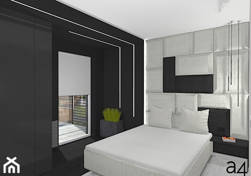 Mieszkanie dla singla - Średnia czarna szara sypialnia z balkonem / tarasem, styl nowoczesny - zdjęcie od A4 Atelier projektowanie wnętrz