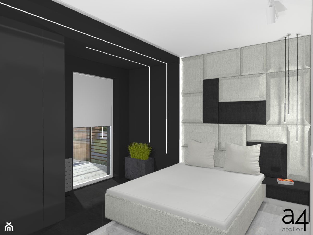 Mieszkanie dla singla - Średnia czarna szara sypialnia z balkonem / tarasem, styl nowoczesny - zdjęcie od A4 Atelier projektowanie wnętrz - Homebook