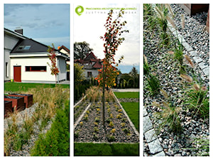 Nowoczesny, minimalistyczny ogród. - Średni z nawierzchnią pokrytą kostką brukową z kamienną nawierzchnią ogród przed domem, styl minimalistyczny - zdjęcie od PracowniaDabrowska