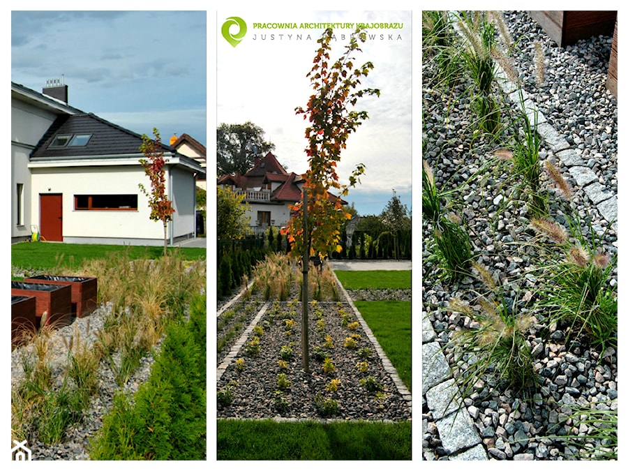 Nowoczesny, minimalistyczny ogród. - Średni z nawierzchnią pokrytą kostką brukową z kamienną nawierzchnią ogród przed domem, styl minimalistyczny - zdjęcie od PracowniaDabrowska