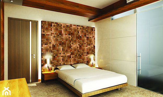 drewniane panele ścienne w sypialni, beżowy dywan, biała pościel