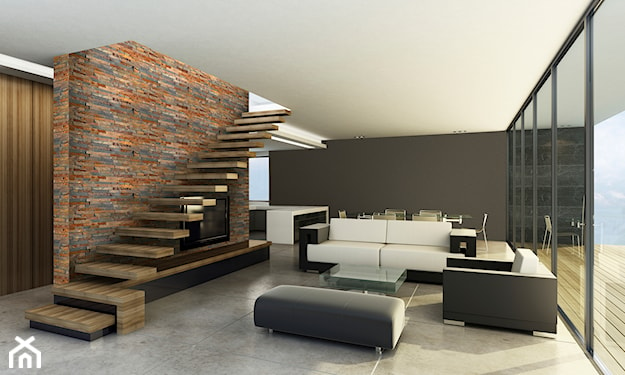 Kamień naturalny Rusty, drewniane schody, betonowe płytki na podłodze, czarna sofa