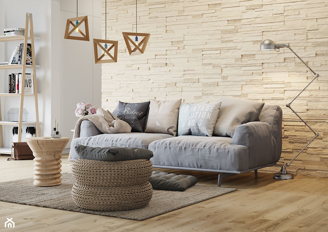 salon w stylu skandynawskim, podłoga z desek, szara kanapa