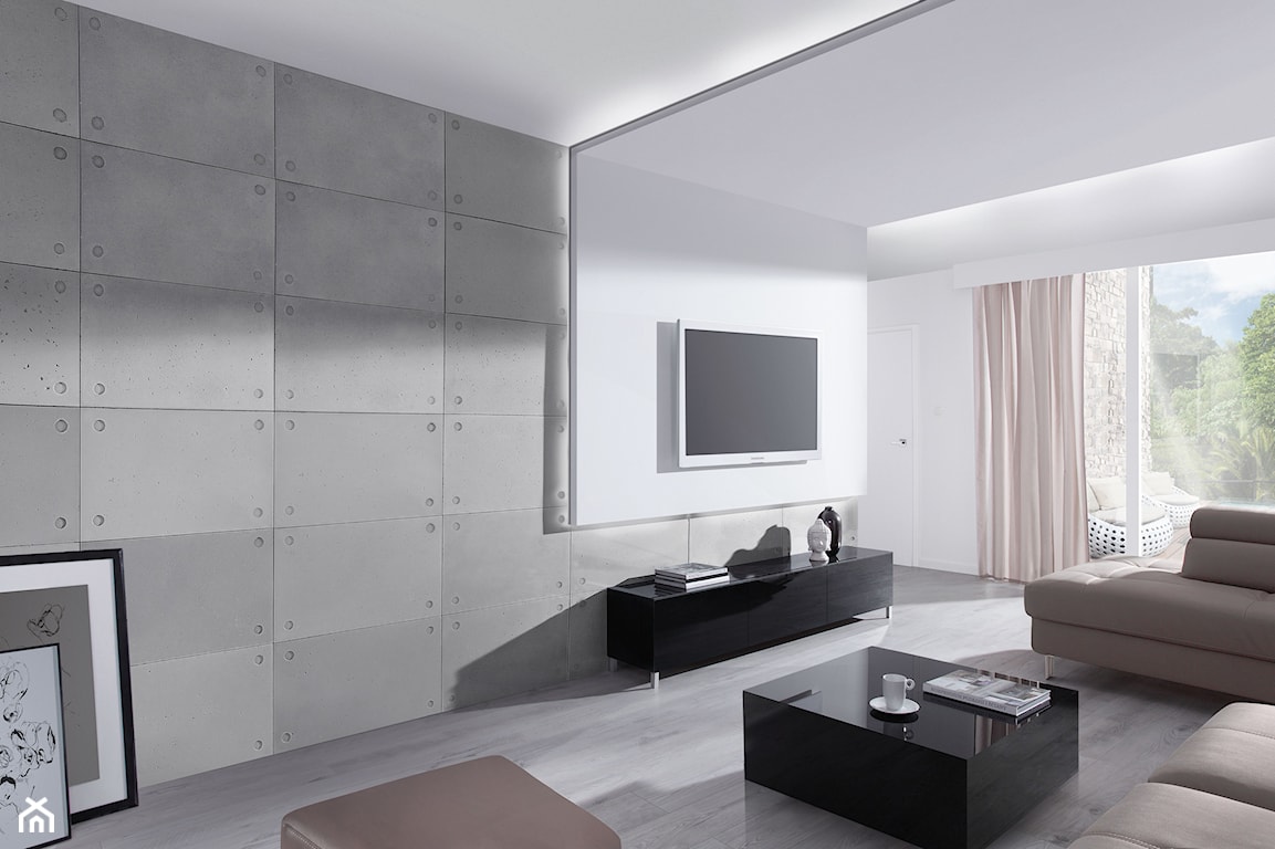 beton w salonie, beton na ścianie, betonowa ściana z telewizorem, wielkoformatowe płyty architektoniczne
