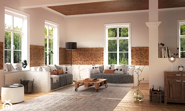 lamperia z drewnianych paneli, szary dywan, szara sofa, stolik z palet