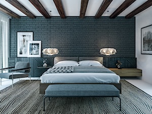 Konkurs dla architektów - Duża biała z panelami tapicerowanymi sypialnia z balkonem / tarasem, styl industrialny - zdjęcie od STEGU