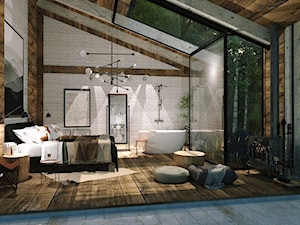 Konkurs dla architektów - Duża biała brązowa szara sypialnia na poddaszu z łazienką, styl industrialny - zdjęcie od STEGU