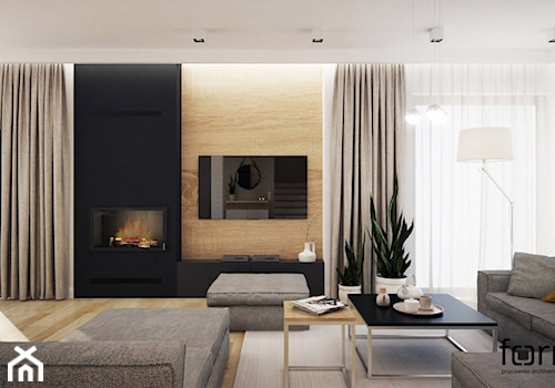 DOM SKAWINA - Duży beżowy biały czarny salon, styl nowoczesny - zdjęcie od FORMA - Pracownia Architektury Wnętrz