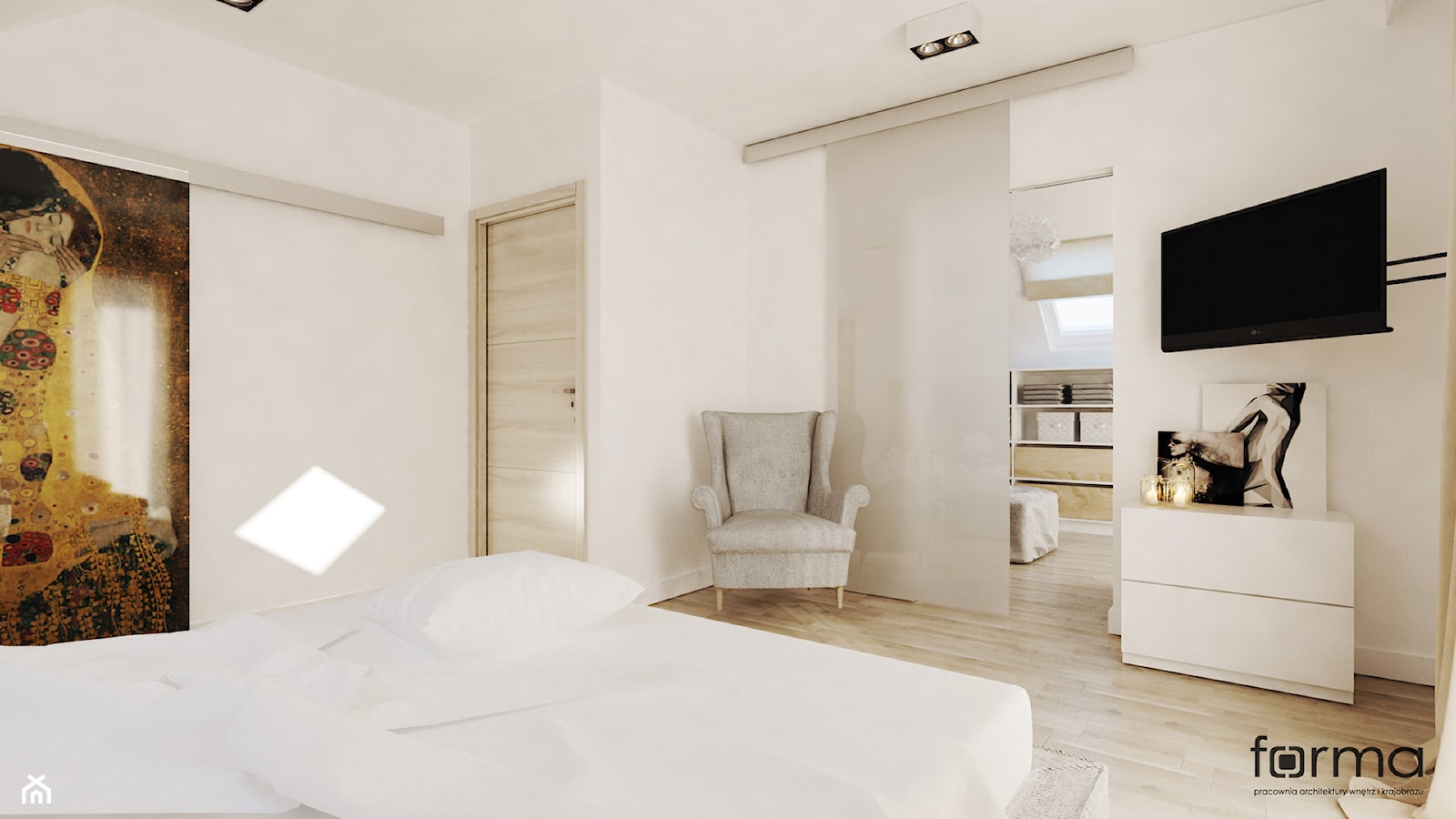 SYPIALNIA Z GARDEROBĄ - Średnia biała sypialnia z garderobą, styl nowoczesny - zdjęcie od FORMA - Pracownia Architektury Wnętrz - Homebook