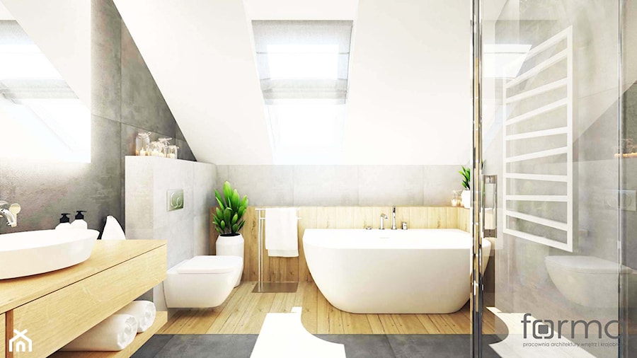 ŁAZIENKA 2 ZALIPKI - Średnia na poddaszu łazienka z oknem, styl nowoczesny - zdjęcie od FORMA - Pracownia Architektury Wnętrz