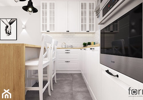 MIESZKANIE PACHOŃSKIEGO - Mała otwarta szara z zabudowaną lodówką kuchnia w kształcie litery u, styl skandynawski - zdjęcie od FORMA - Pracownia Architektury Wnętrz