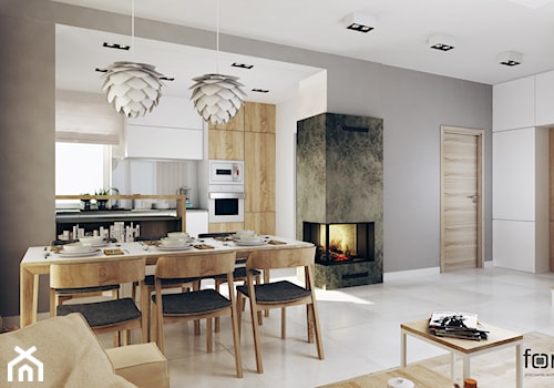 DOM - Średni biały szary salon z kuchnią z jadalnią, styl nowoczesny - zdjęcie od FORMA - Pracownia Architektury Wnętrz